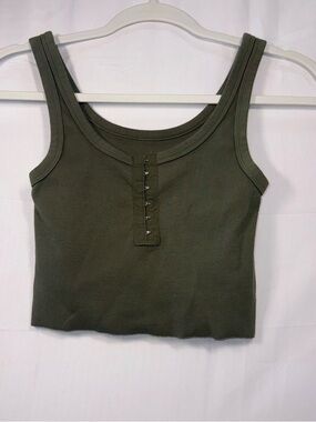aerie Women Olive Ribbed Hook-Front Cropped Tank Top Size Small